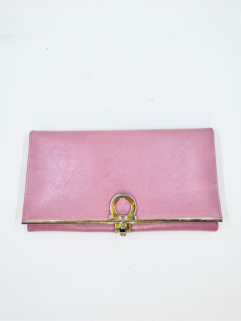 Salvatore Ferragamo Full Size Pink Leather Clutch Wallet with Gold Ring Detail